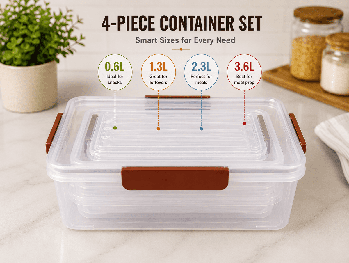 FoodNLock 4-Piece Rectangular Food Storage Container Set (0.6L, 1.3L, 2.3L, 3.6L) Kenya