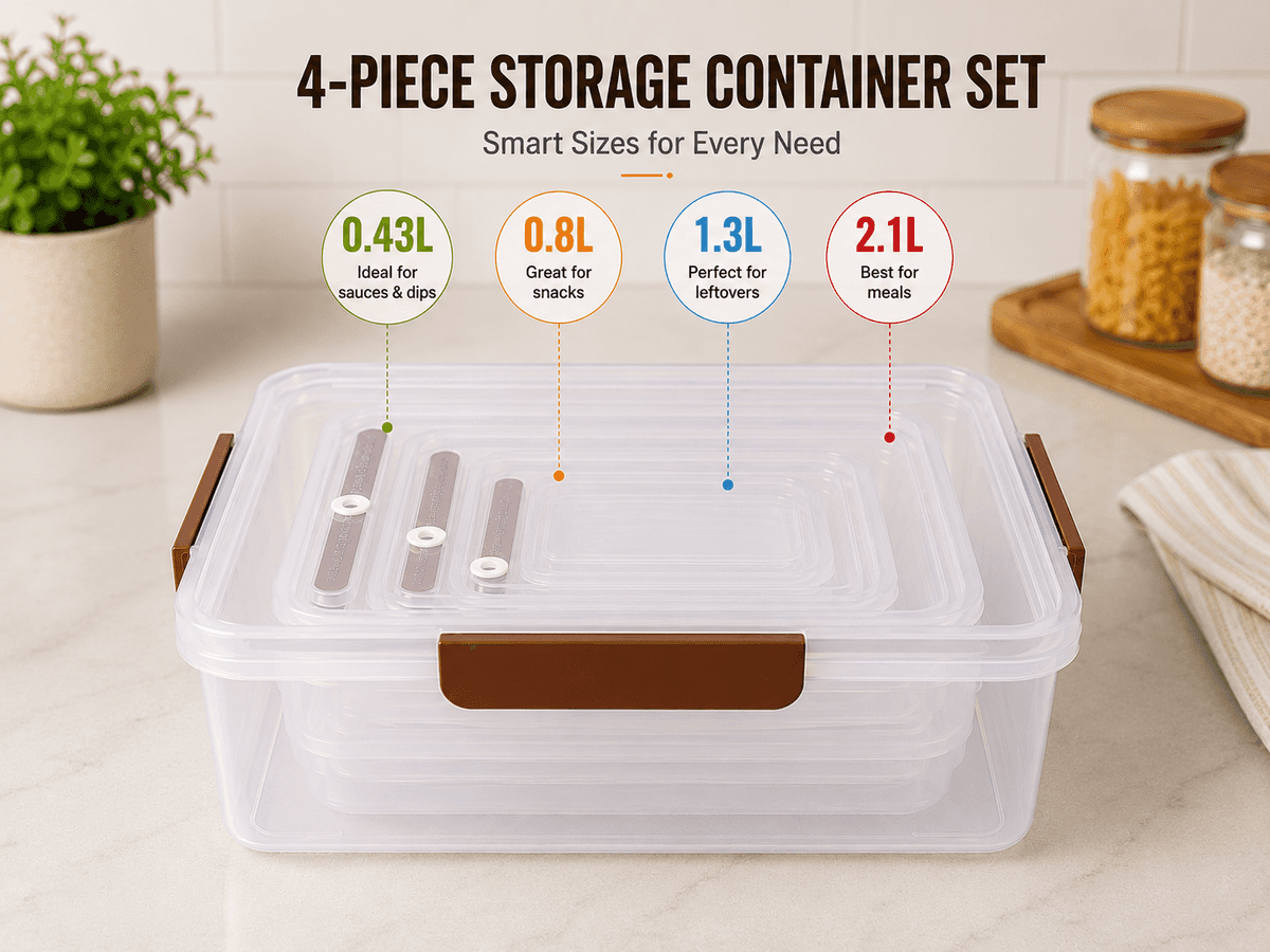 4pc StayFresh Square Food Storage Container Set (0.43L, 0.8L, 1.3L, 2.1L) Kenya