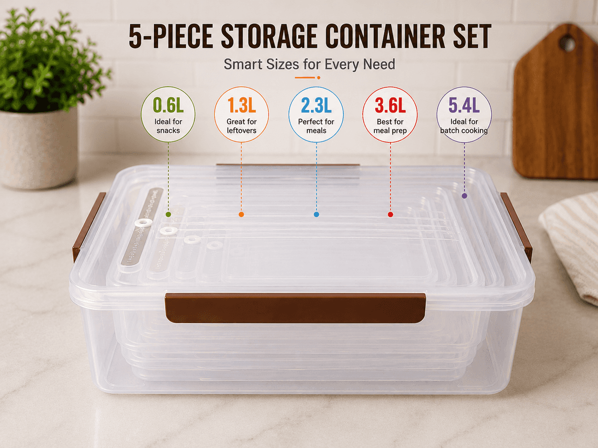 5pc FoodNLock Rectangular Storage Container Set (0.6L, 1.3L, 2.3L, 3.6L, 5.4L) Kenya