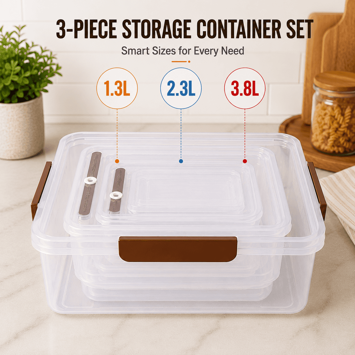 3pc FoodNLock Square Storage Container (1.3L, 2.3L, 3.8L) Kenya